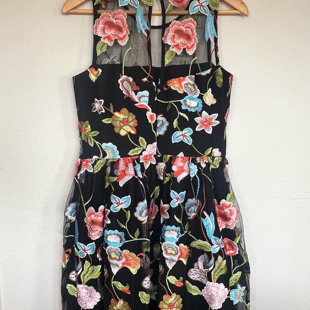 New York & Co. Black Mesh Midi Dress with Multicolor Floral Embroidery Sz 8 NWT